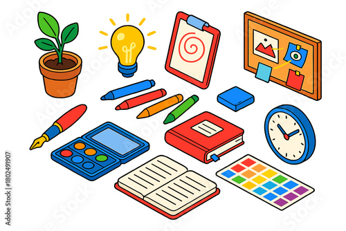 Creative Growth Icons. Isometric vector illustration set growth and creativity: plant in soil pot, bright light bulb icon, art