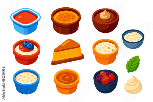Sweet Treats Collection. Isometric vector illustration set sweet treats collection: pudding cup, crème brûlée, chocolate mousse,