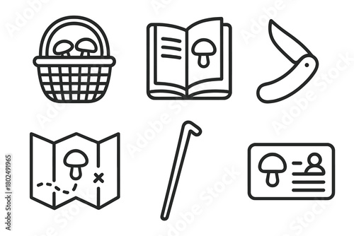 Mushroom Foraging Essentials. Line style icons of Mushroom Foraging Basics: mushroom basket, field guide book, folding knife,