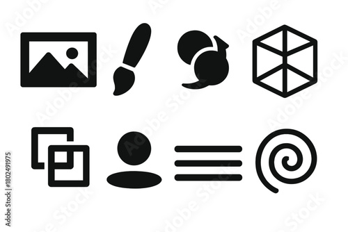 Artistic Illusions Icons. Solid style icons of Artistic Illusions: Frame, Paintbrush, Color Shift, Perspective, Overlap, Shadow,