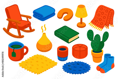 Relaxing Comfort Icons. Isometric vector illustration set relaxation and comfort: rocking chair, fleece blanket, neck pillow,