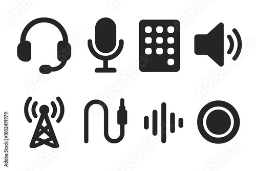 Artistic Telecom Icons. Solid style icons of Artistic Telecommunication: Headset, Microphone, Dial Pad, Speaker, Antenna, Cable,