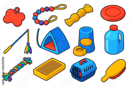 Pet Lover Icons. Isometric vector illustration set designs for dog and cat lovers: personalized name tag, beaded leash, rope knot