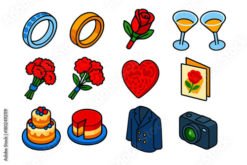 Bold Wedding Icons. Isometric vector illustration set rings, flowers, heart, toast, cake, card, dress, camera: eternity ring,