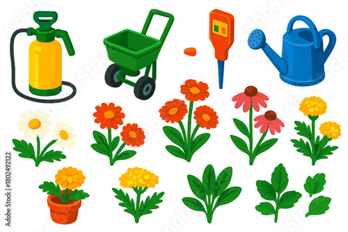 Garden Tools & Plants. Isometric vector illustration set featuring tools and plants: garden sprayer, fertilizer spreader, pH