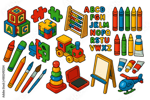 Colorful Isometric Toy Set. Isometric vector illustration set abc blocks, puzzles, crayons, and more: magnetic letter set,