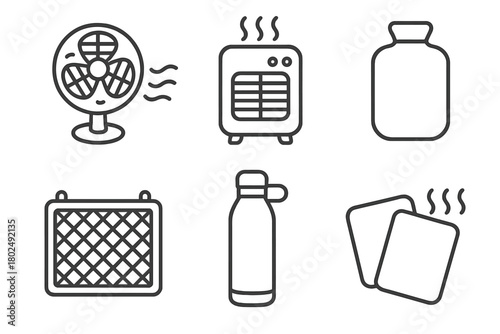 Glamping Comfort Icons. Line style icons of Glamping Heating and Cooling: portable fan, mini heater, hot water bottle, insulated
