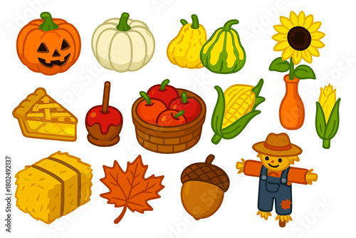 Autumn Harvest Icons. Isometric vector illustration set pumpkin, sunflower, apples, and more: carved jack-o’-lantern, white