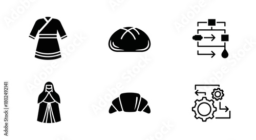 Minimalist icons set: clothing, baking, process flow, religious dress, pastry, mechanical gear