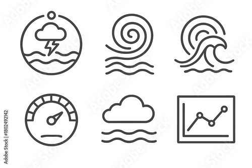 Weather Impact Icons. Line style icons of Weather Impact Icons at Depth: surface storm marker, underwater current swirl, wave