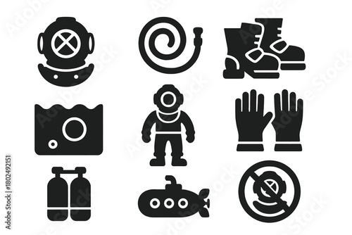 Antique Diving Gear Icons. Solid style icons of Antique Diving Gear: Helmet, Air Hose, Weighted Boots, Deep Sea, Suit, Gloves,