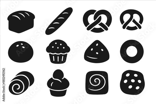Bakery Goods Icons. Solid style icons of Bakery goods: bread loaf, baguette, croissant, pretzel, bun, muffin, scone, bagel, roll,