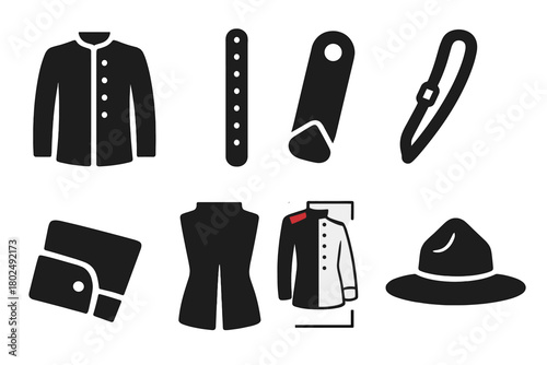 19th-Century Military Attire. Solid style icons of 19th-century military clothing: Wool Tunic, Brass Button Line, Red Epaulets,