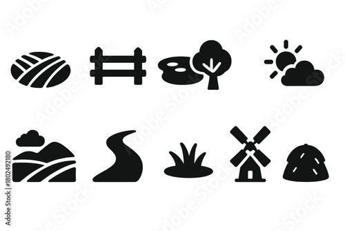 Farm Icons Collection. Solid style icons of Outdoor farm environment: field, fence, pond, tree, sun, cloud, hill, dirt path, grass