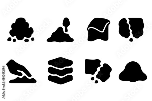 Kinetic Sand Iconography. Solid style icons of kinetic sand behavior: Clumping Form, Gravity Drip, Folded Edge, Breaking Line,