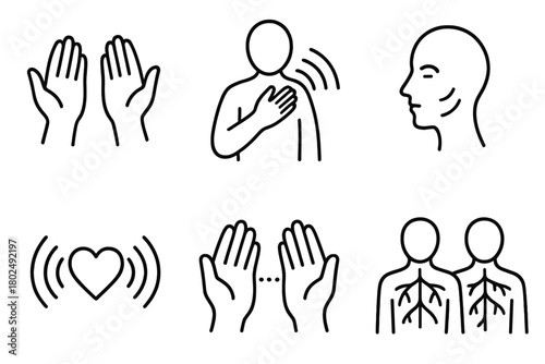 Mirror-Touch Synesthesia Icons. Line style icons of Mirror-Touch Synesthesia: hand reflecting another hand, person touching with