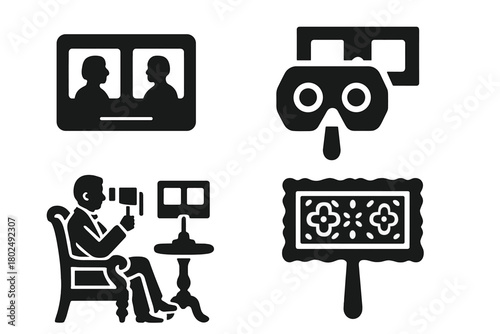 Vintage Home Entertainment Icons. Solid style icons of Historical Home Entertainment: Stereoscope, Card, Viewer, 3D Image, Parlor