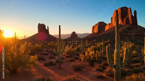 Majestic sandstone formations bathed in the warm embrace of the setting sun, with towering cacti creating an enchanting display.