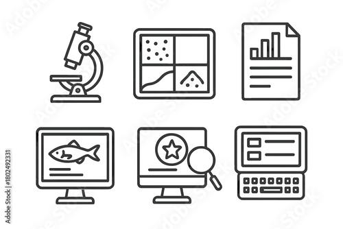 Post-Expedition Icons. Line style icons of Post-Expedition Analysis: lab microscope, sediment sort tray, report document icon,