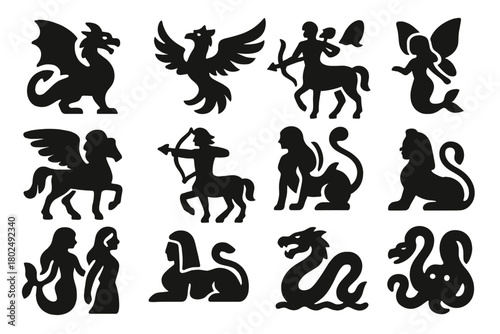 Mythical Creature Icons. Solid style icons of Mythical creatures: dragon, phoenix, griffin, pegasus, centaur, fairy, mermaid,