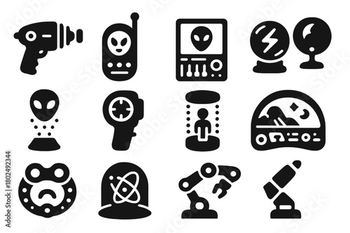 Alien Technology Icons. Solid style icons of Alien technology: laser gun, communicator, control panel, energy orb, hologram,