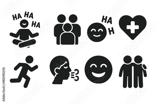 Laughter Yoga Icons. Solid style icons of Playful Health Session: Laughter Yoga, Group, Fake Laughter, Joy, Health, Exercise,