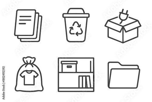 Decluttering Line Icons. Line style icons of Decluttering for Detox: paper stack, recycling bin, unplug box icon, clothing donate