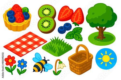Nature's Picnic Delight. Isometric vector illustration set featuring food and nature: fruit tart, kiwi slices, strawberry halves,