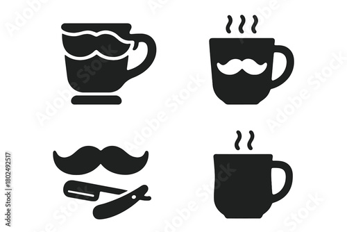 Vintage Mustache Cup Icons. Solid style icons of Vintage Drinking Ware: Mustache Cup, Guard, Hot Liquid, Whiskers, Grooming,