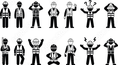 Construction workers stick figures displaying diverse emotions