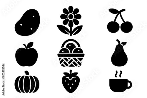 Rustic Fruit Icons. Solid style icons of rustic fruit symbolism: Humility Symbol, Natural Beauty, Simplicity Motif, Life’s