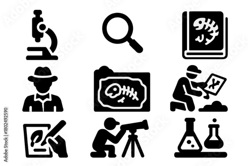 Science Discovery Icons. Solid style icons of Science and discovery: microscope, magnifying glass, research notebook, fossil