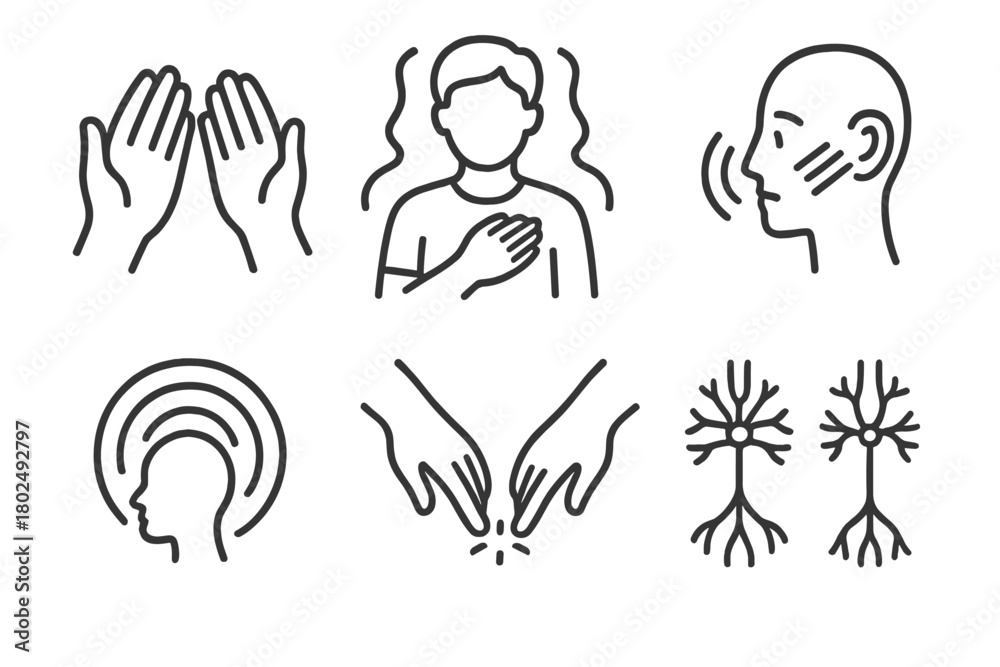 Fototapeta premium Mirror-Touch Synesthesia Icons. Line style icons of Mirror-Touch Synesthesia: hand reflecting another hand, person touching with