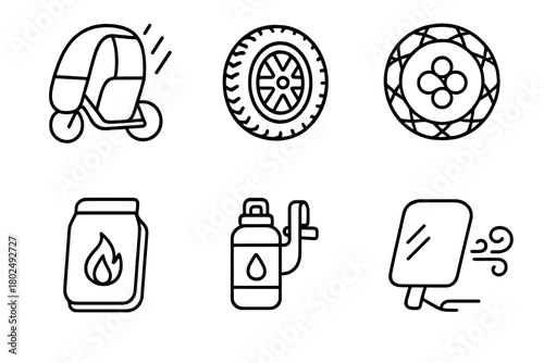 Seasonal Mobility Gear. Line style icons of Seasonal Micro-Mobility Gear: rain cover tarp, winter tires, snow grip accessory, heat