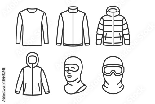 Arctic Clothing Icons. Line style icons of Arctic Clothing Layers: moisture-wicking base layer, fleece mid layer, down jacket,