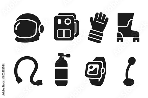 Astronaut Gear Icons. Solid style icons of astronaut gear in zero-G: Helmet Visor, Life Support Pack, Pressurized Glove, Boot