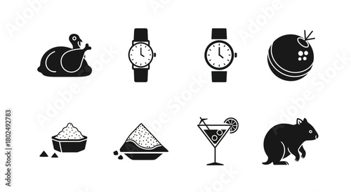 Simple black and white icons of food, drinks, and watches