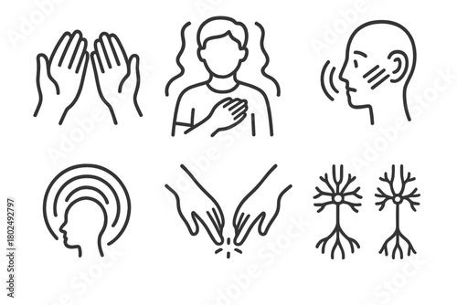 Mirror-Touch Synesthesia Icons. Line style icons of Mirror-Touch Synesthesia: hand reflecting another hand, person touching with