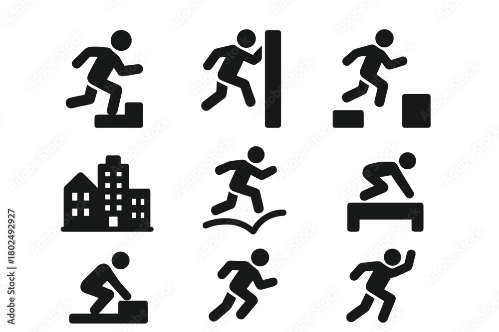 Naklejka premium Urban Parkour Icons. Solid style icons of Urban Obstacle Navigation: Parkour, Wall Run, Precision Jump, Urban Environment, Flow,