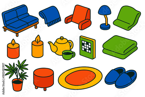Relaxation Icons Set. Isometric vector illustration set relaxation and comfort: bean bag chair, fleece throw, contour pillow,