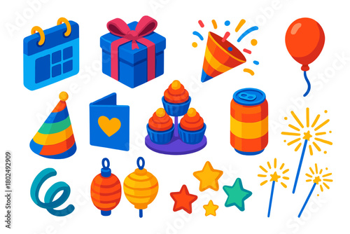 Vibrant Celebration Icons. Isometric vector illustration set Celebration and Events: calendar, gift box, confetti, balloon, party