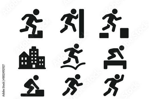 Urban Parkour Icons. Solid style icons of Urban Obstacle Navigation: Parkour, Wall Run, Precision Jump, Urban Environment, Flow,