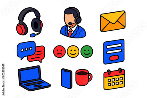 Tech Support Icons. Isometric vector illustration set headset, support agent, email, messaging, feedback, inquiry: cushioned