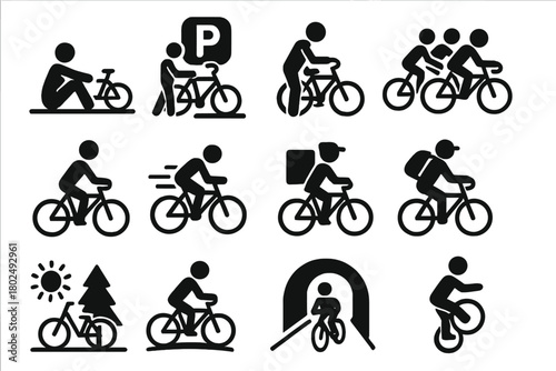 Cycling Icons Collection. Solid style icons of Cycling life: resting with bike, parking bike, repairing bike, riding in group,