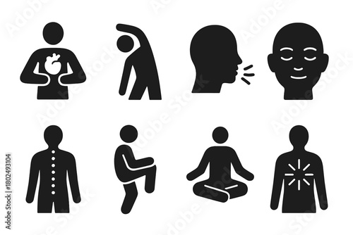 Qigong Health Icons. Solid style icons of Qigong for health: Organ Focus, Gentle Stretch, Healing Breath, Calm Face, Spine