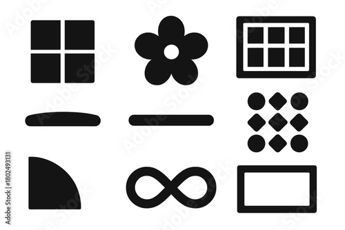 Doodle Icon Elements. Solid style icons of structured doodle elements: Sectioned Tile, Dividing Line, Focal Shape, Framed Grid,