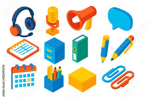 Bright Communication Tools. Isometric vector illustration set communication and organization: headset, microphone, megaphone,
