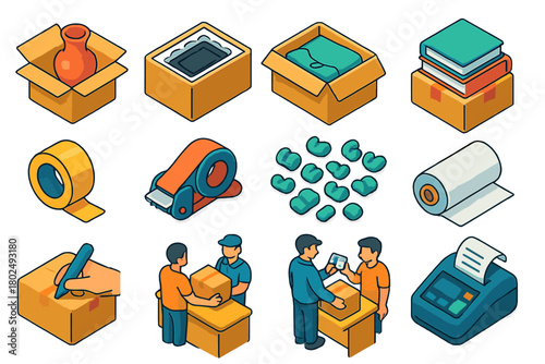 Vibrant Shipping Icons. Isometric vector illustration set delivery and shipping: fragile vase in box, electronics in foam,