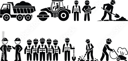 Construction workers and heavy equipment industrial icons set
