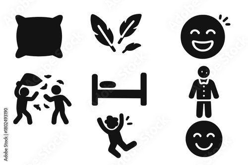 Playful Pillow Fight. Solid style icons of Playful Indoor Combat: Pillow, Feathers, Bed, Laughter, Soft Combat, Pajamas, Jump,